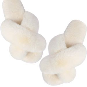 Women's Cross Band Slippers Soft Plush Faux Rabbit Fur size 42/43 Halluci cream